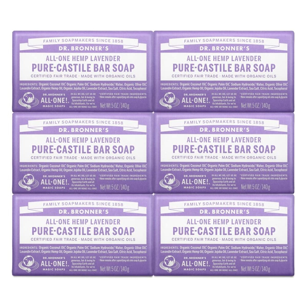 Dr. Bronner\'s - Pure-Castile Bar Soap (Lavender, 5 ounce, 6-Pack) - Made with Organic Oils, For Face, Body and Hair, Gentle and Moisturizing, Biodegradable, Vegan, Cruelty-free, Non-GMO