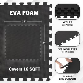 EVA Foam Mat Tiles 4-Pack - 16 SQ FT of Interlocking Padding for Garage, Playroom, or Gym Flooring - Workout Mat or Baby Playmat by Stalwart (Black)