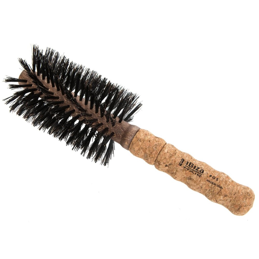 Ibiza Hair Round Boar Bristle Brush (G5-70mm) | Hybrid Swirled Boar & Carbon Fiber Nylon Bristles with Cork Handle | Ideal for Coarse & Frizzy Hair | Adds Texture & Shine for Medium to Long Styles