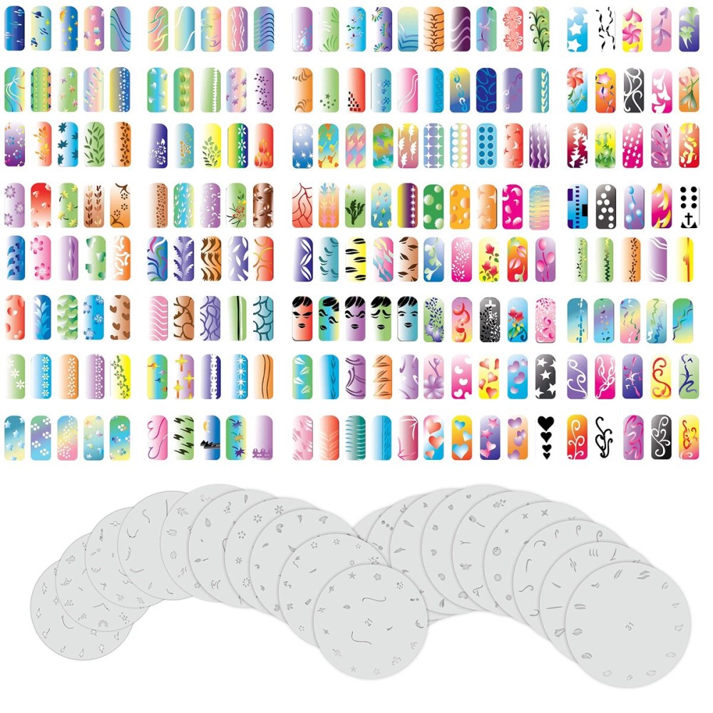 Custom Body Art Airbrush Nail Stencils - Design Series Set  2 Includes 20 Individual Nail Art Template Sheets with 16 Designs Each for a Total 320 Patterns