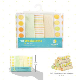 Spasilk Washcloth Wipes Set for Newborn Boys and Girls, Soft Terry Washcloth Set, Pack of 10, Yellow Dots