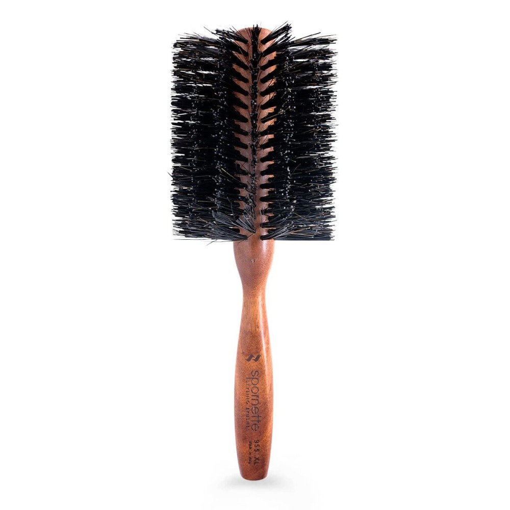 Spornette Italian Rounder 3 Inch Hair Brush (955-XL) - Round Double Density Boar Bristle Brush With Wooden Handle For Blow Drying, Styling, Volumizing, Straightening And Curling Medium To Long Hair
