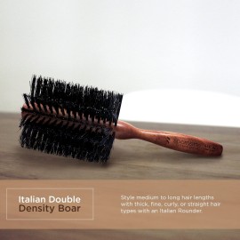Spornette Italian Rounder 3 Inch Hair Brush (955-XL) - Round Double Density Boar Bristle Brush With Wooden Handle For Blow Drying, Styling, Volumizing, Straightening And Curling Medium To Long Hair