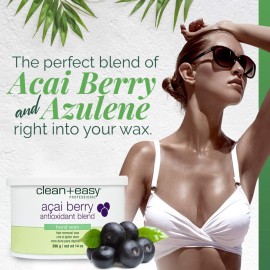 Clean + Easy Acai Berry Hard Wax for Hair Removal - Non-Strip, Depilatory Wax for Painless Full Body, Face, Bikini Brazilian Waxing, Removes Fine to Coarse Hair, 14 oz