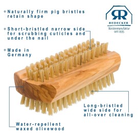 Redecker Natural Pig Bristle Nail Brush with Waxed Olive Wood Handle, 3-3/4-Inches