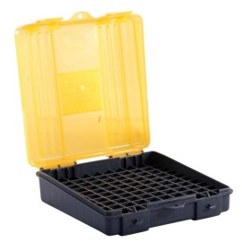 Plano 100-Count Handgun Ammo Box, Dark Gray, Lockable Ammunition Storage, Small Plastic Ammo Box with Dependable Closures and Deep Individual Slots for 9mm & .380