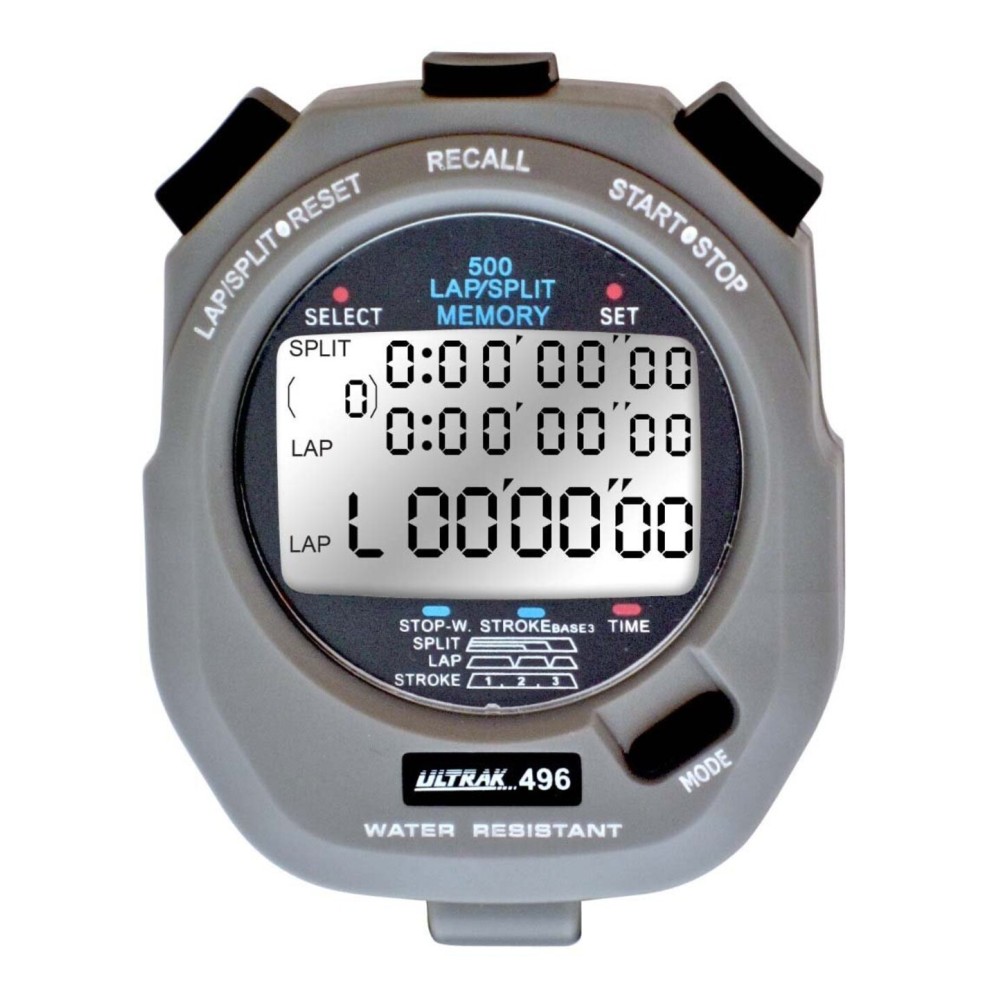 Ultrak 496 500-Lap Stopwatch, Dual-Split Memory Sports Timer with LCD Display, Water-Resistant, Stroke Rate & Countdown, Long-Life Battery