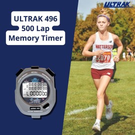 Ultrak 496 500-Lap Stopwatch, Dual-Split Memory Sports Timer with LCD Display, Water-Resistant, Stroke Rate & Countdown, Long-Life Battery