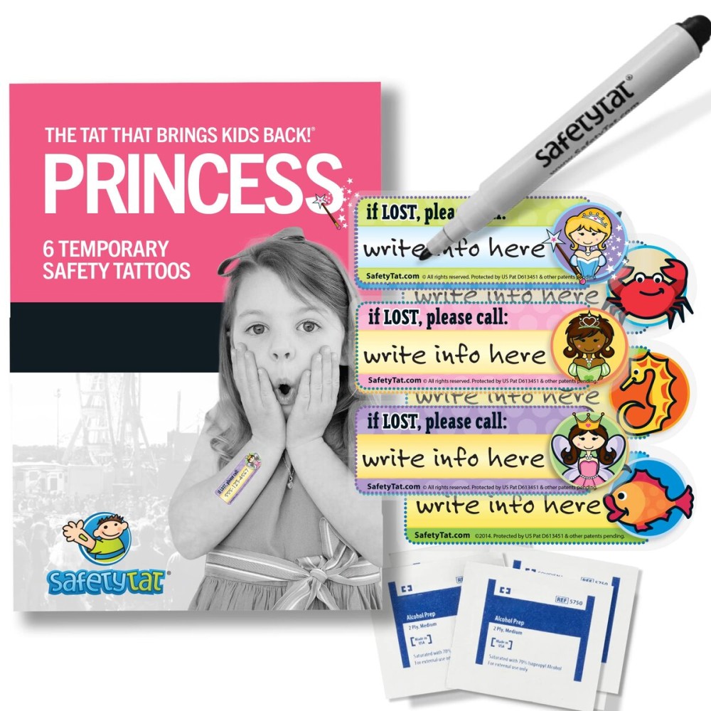 Princess 6pk SafetyTat Child ID Tattoos includes skin prep wipes and tattoo marking pen