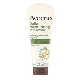 Aveeno Daily Moisturizing Body Lotion with Soothing Prebiotic Oat, Gentle Lotion Nourishes Dry Skin With Moisture, Paraben-, Dye- & Fragrance-Free, Non-Greasy & Non-Comedogenic, 2.5 fl. Oz Aveeno Daily Moisturizing Body Lotion with Soothing Prebiotic Oat, Gentle Lotion Nourishes Dry Skin With Moisture, Paraben-, Dye- & Fragrance-Free, Non-Greasy & Non-Comedogenic, 2.5 fl. Oz