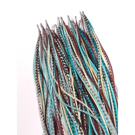 Feather Hair Extension - Turquoise, Brown, White & Grizzly, Five Genuine Rooster Feathers Bonded at the Tip, Ranging from 8 to 10 Inches, One Extension