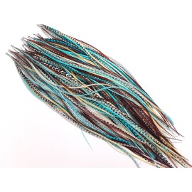 Feather Hair Extension - Turquoise, Brown, White & Grizzly, Five Genuine Rooster Feathers Bonded at the Tip, Ranging from 8 to 10 Inches, One Extension