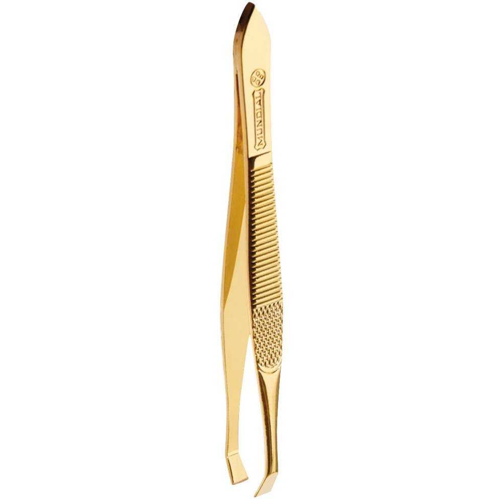 Mundial Straight Tip Gold Tweezers, Stainless Steel, Textured Handle for Precision Hair Removal, Splinter Removal and Eyebrow Shaping