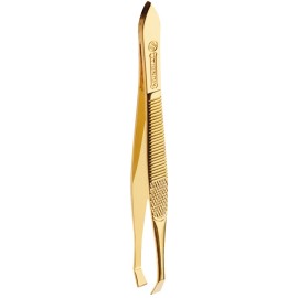 Mundial Straight Tip Gold Tweezers, Stainless Steel, Textured Handle for Precision Hair Removal, Splinter Removal and Eyebrow Shaping