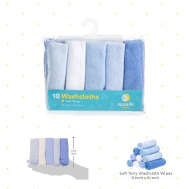 Spasilk Washcloth Wipes Set for Newborn Boys and Girls, Soft Terry Washcloth Set, Pack of 10, Blue