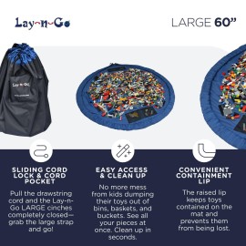 Lay-n-Go 4-in-1 Drawstring Toy Storage Organizer Mat - Durable Machine Washable Drawstring Bag for Lego & Other Toys - Easy-to-Clean Pull String Bag w/ 4 Mesh Pockets & Raised Lip (60, Blue)