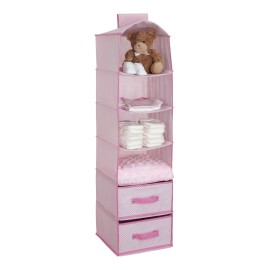 Delta Children 6 Shelf Hanging Wall Storage with 2 Drawers - Easy Storage/Organization Solution- Holds Sweaters, Shirts, Pants, Accessories & More - Movable Drawers Allow for Customization, Pink