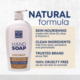 Kiss My Face Coconut Hand Soap, Tropical Moisture Cleanse, With Added Yarrow And Coconut Water, Easy To Use Hand Soap Pump, Coconut Scented, Cruelty Free & Vegan Soap, 9 Fl Oz Bottle