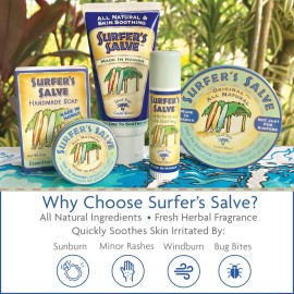 Island Soap & Candle Works Surfer\'s Salve - All Natural Skin Soothing Balm - Moisturizing Anti-Chafing Ointment for Insect Bites, Sunburn, Windburn, Chapped Lips, Rashes & New Tattoos - 3 Ounce Tube