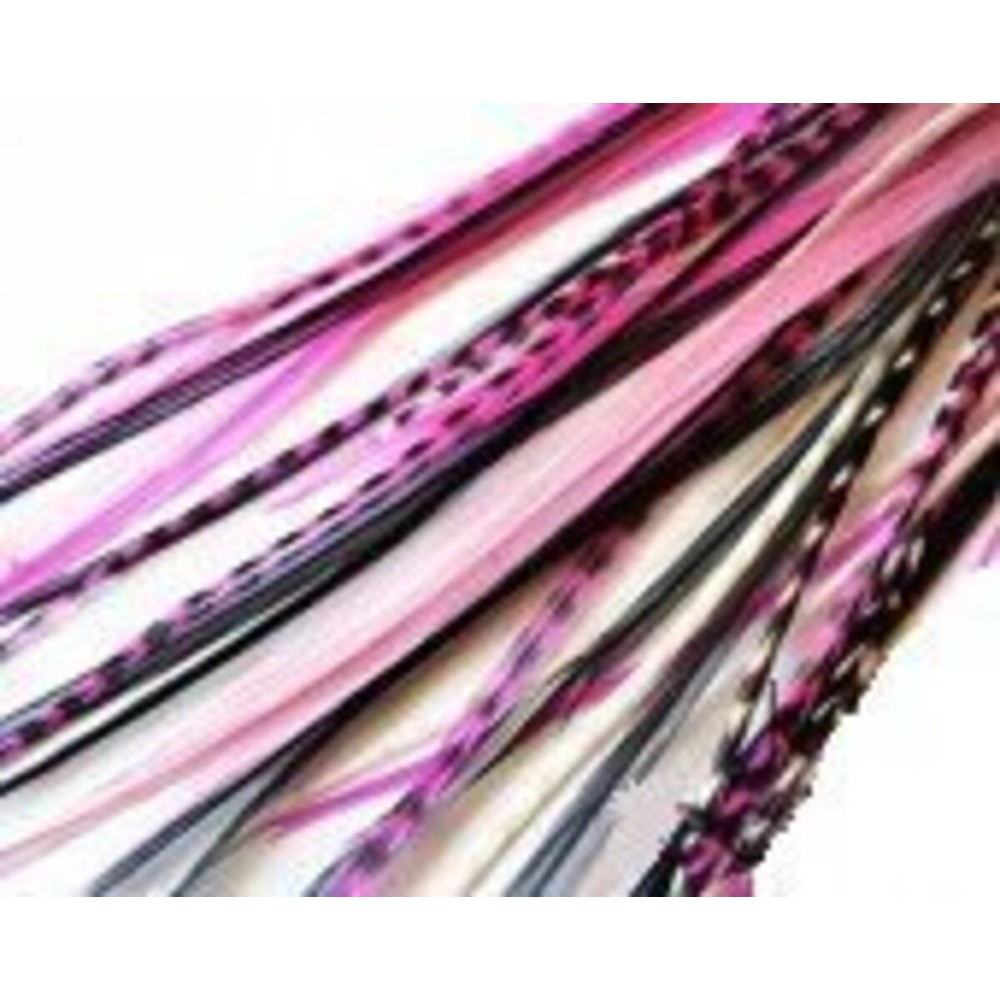 Sexy Sparkles Feather Hair Extension - Pink & Black Mix, Five Real Rooster Feathers Bonded at The Tip, Ranging from 4 to 7 Inches, One Extension, Includes 2 Silicone Micro Beads