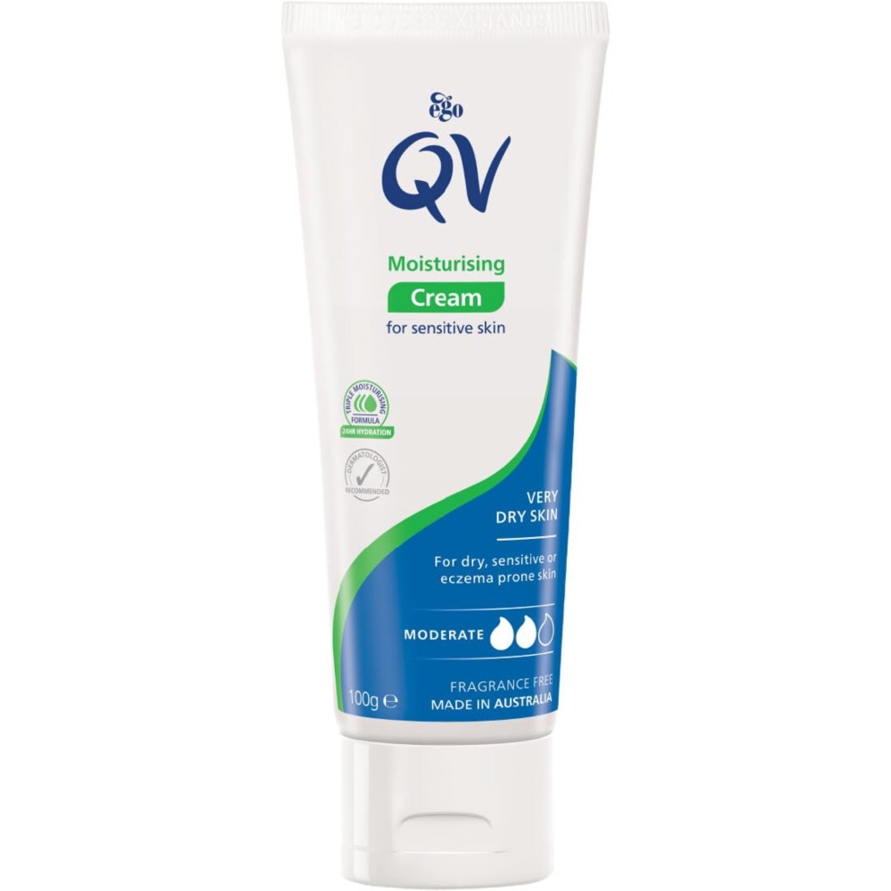 QV Cream with 10% Glycerin (100g) Rich Protective Moisturiser for Sensitive, Dry Skin, Fragrance Free, Noncomedogenic Body Cream, Hydrating Skin Care for Eczema, Psoriasis, Dermatitis, Tube