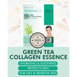 DERMAL Green Tea Collagen Essence Facial Mask Sheet 23g Pack of 10 - Hydrating and Soothing for Sensitive Oily Skin, Revitalize Dull Skin, Daily Skin Treatment Solution Sheet Mask