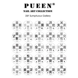 PUEEN Nail Art Stamp Collection Set 25F - NEW Unique Set of 25 Nailart Polish Stamping Manicure Image Plates Accessories Kit (Totaling 150 Images) - New Batch with Display & Storage Case-BH000019