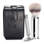 MHLE TRAVEL Black Leather Case Silvertip Fiber Safety Razor Travel Set