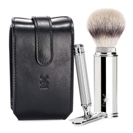 MHLE TRAVEL Black Leather Case Silvertip Fiber Safety Razor Travel Set