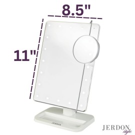 Jerdon 8-Inch by 11-Inch Lighted Vanity Mirror - Rectangular Tabletop Mirror in White with 10X Magnification Spot Mirror - Model JS811W