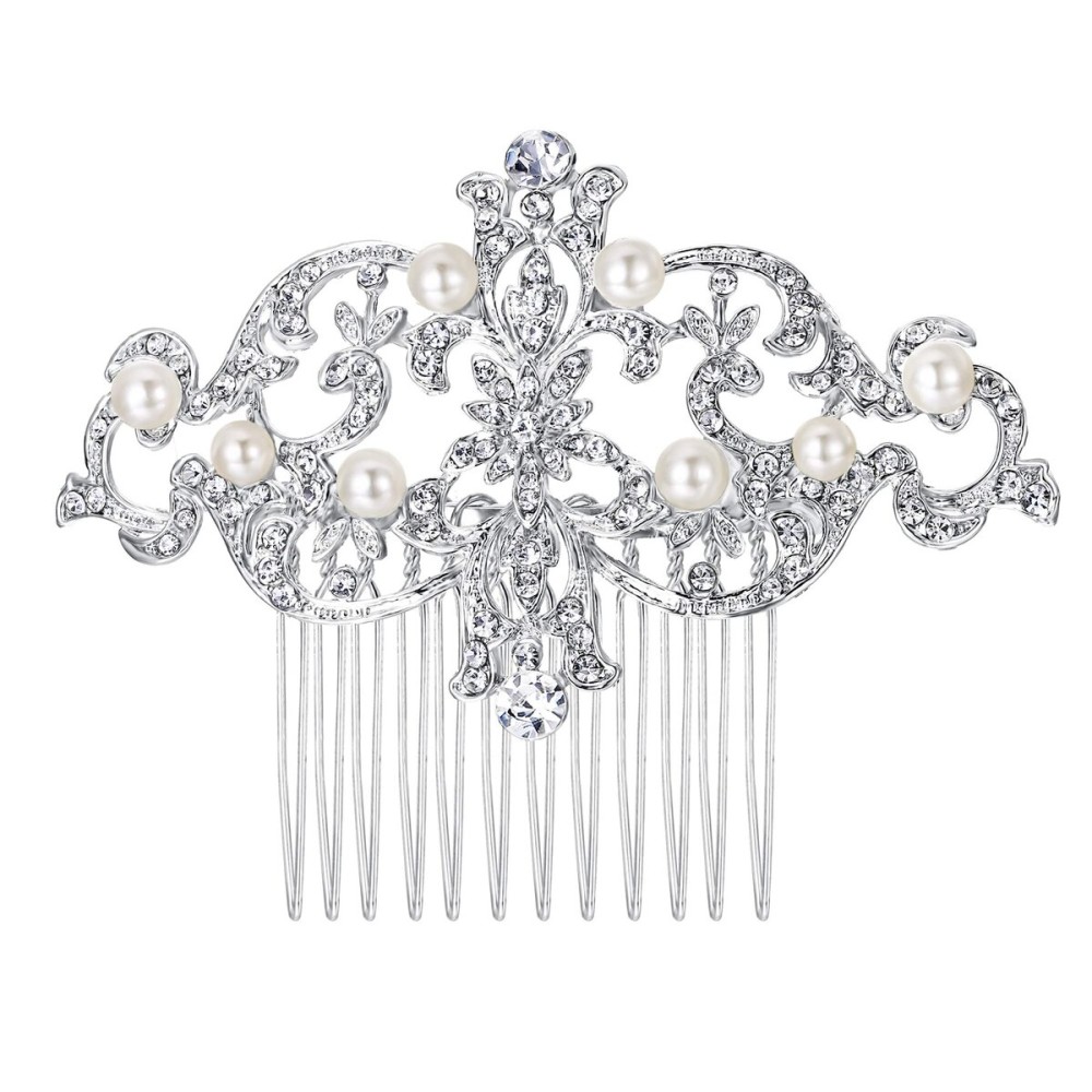 EVER FAITH Bridal Silver-Tone Simulated Pearl Flower Austrian Crystal Hair Comb Headpiece EVER FAITH Bridal Silver-Tone Simulated Pearl Flower Austrian Crystal Hair Comb Headpiece