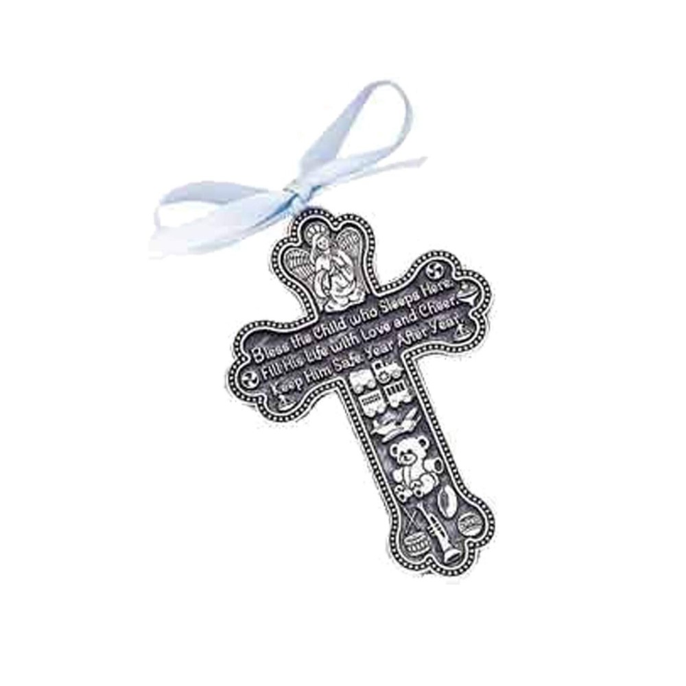 Bless The Child - GUARDIAN ANGEL Baby BOY Crib Cross PEWTER Medal/CHRISTENING/BABY SHOWER Keepsake/Baptism KEEPSAKE/with BLUE RIBBON