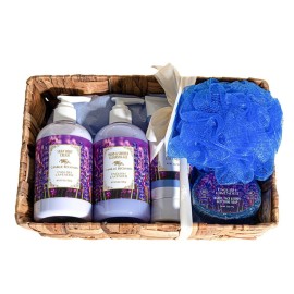 Camille Beckman Essentials Gift Basket, English Lavender, Glycerine Hand Therapy 6 oz, Silky Body Cream 13 oz, Hand and Shower Cleansing Gel 13 oz, Glycerine Soap 3.5 oz