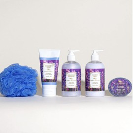 Camille Beckman Essentials Gift Basket, English Lavender, Glycerine Hand Therapy 6 oz, Silky Body Cream 13 oz, Hand and Shower Cleansing Gel 13 oz, Glycerine Soap 3.5 oz