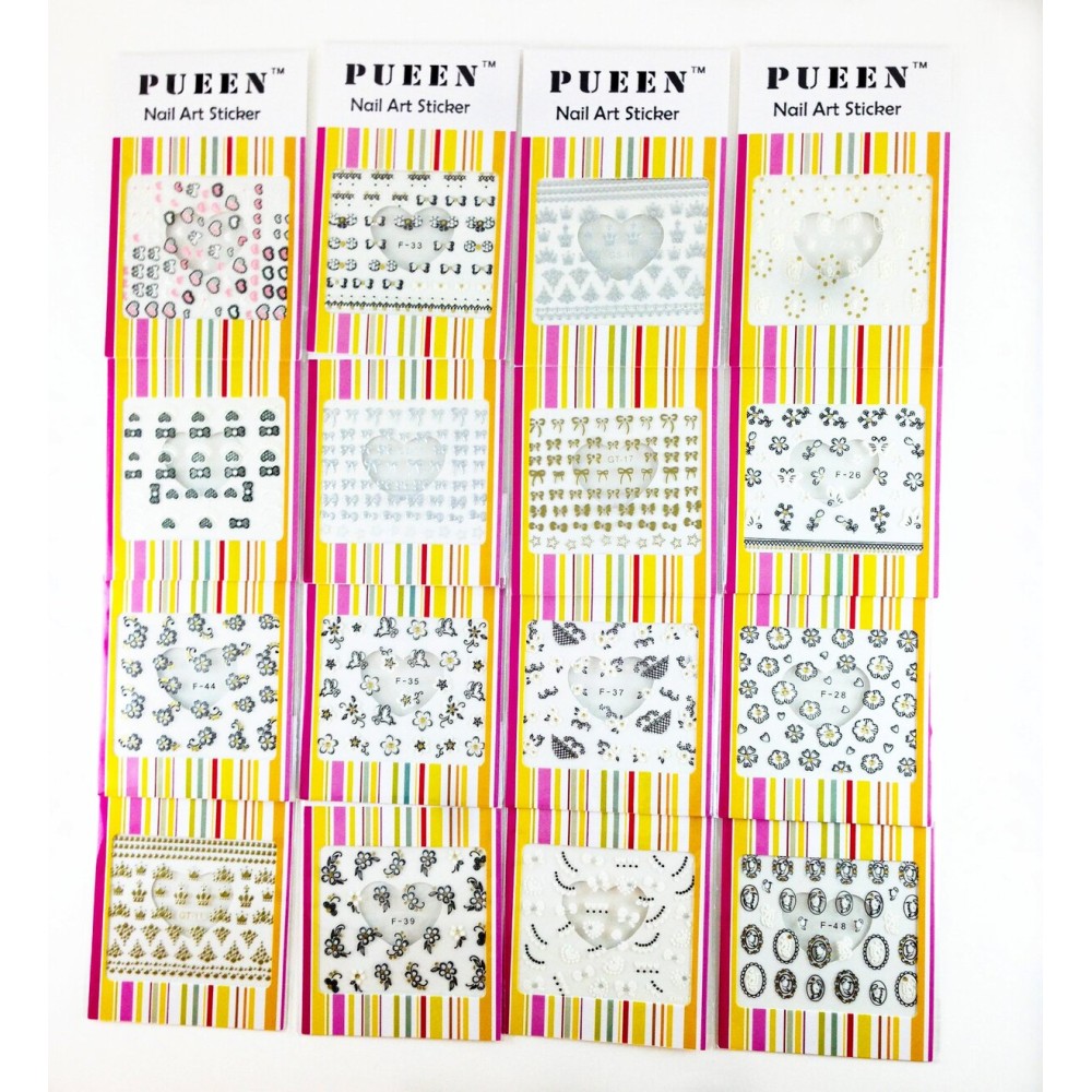 PUEEN 3D Nail Art Sticker Collection Set F2 - 16 Packs in Different Designs (Over 400 Stickers) Black & White Glitter Rhinestones 3D Lace Patterns Flowers Butterflies Hearts Nail Art Decal Decorations Stickers-BH000509