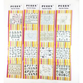 PUEEN 3D Nail Art Sticker Collection Set F2 - 16 Packs in Different Designs (Over 400 Stickers) Black & White Glitter Rhinestones 3D Lace Patterns Flowers Butterflies Hearts Nail Art Decal Decorations Stickers-BH000509