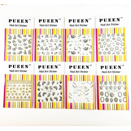 PUEEN 3D Nail Art Sticker Collection Set F2 - 16 Packs in Different Designs (Over 400 Stickers) Black & White Glitter Rhinestones 3D Lace Patterns Flowers Butterflies Hearts Nail Art Decal Decorations Stickers-BH000509