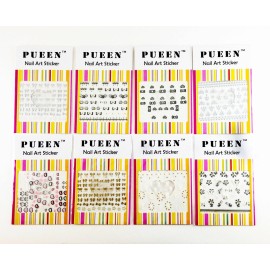 PUEEN 3D Nail Art Sticker Collection Set F2 - 16 Packs in Different Designs (Over 400 Stickers) Black & White Glitter Rhinestones 3D Lace Patterns Flowers Butterflies Hearts Nail Art Decal Decorations Stickers-BH000509