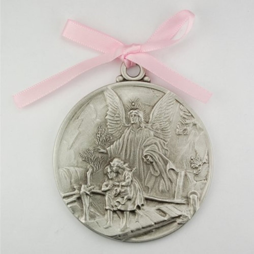 Guardian Angel Crib Medal Pink Ribbon Round 2 3/4 Great Gift great baptism christening gift keepsake gift