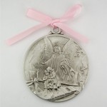 Guardian Angel Crib Medal Pink Ribbon Round 2 3/4 Great Gift great baptism christening gift keepsake gift