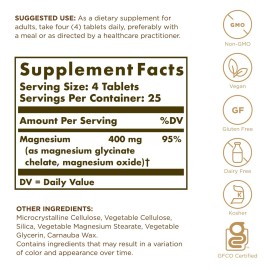 Solgar Chelated Magnesium - 100 Tablets - Supports Nerve & Muscle Function - Non-GMO, Vegan, Gluten Free, Dairy Free, Kosher - 25 Servings