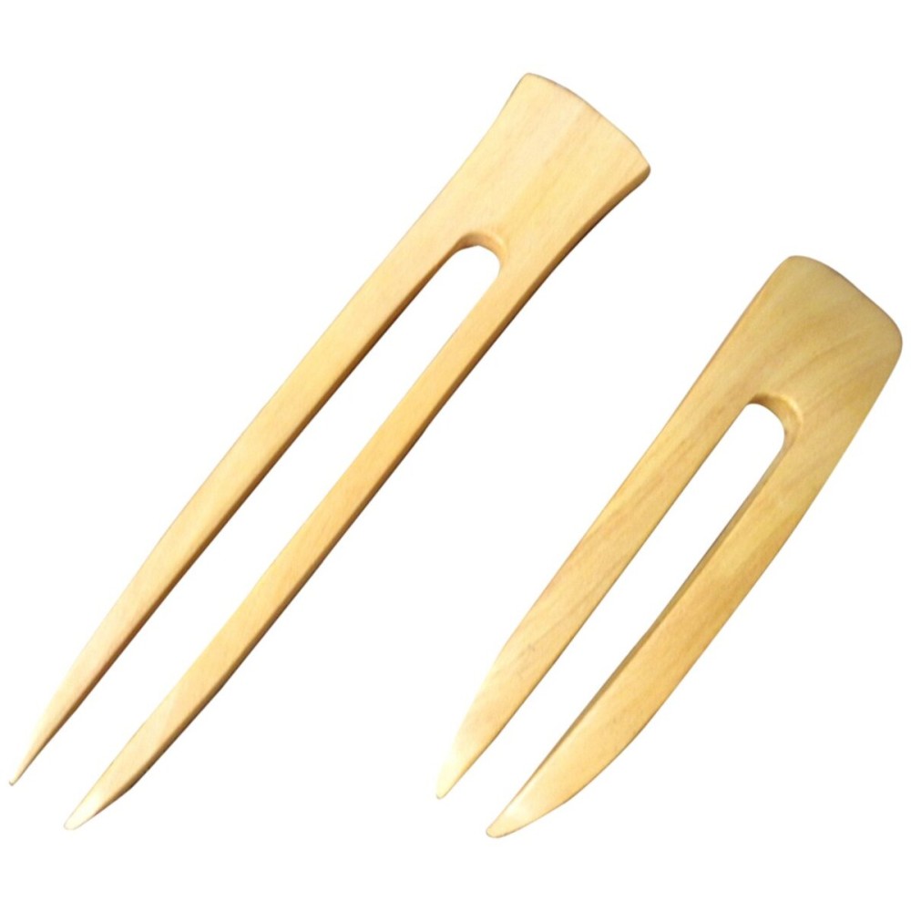 (1) Yellow Teak Wood Two Prong Curved 4.5 Inch & (1) Yellow Teak Two Prong Straight 6 Inch Hair Stick Pick Pic Pin Fork