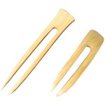 (1) Yellow Teak Wood Two Prong Curved 4.5 Inch & (1) Yellow Teak Two Prong Straight 6 Inch Hair Stick Pick Pic Pin Fork