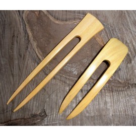 (1) Yellow Teak Wood Two Prong Curved 4.5 Inch & (1) Yellow Teak Two Prong Straight 6 Inch Hair Stick Pick Pic Pin Fork
