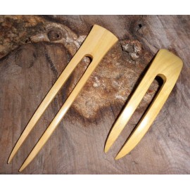 (1) Yellow Teak Wood Two Prong Curved 4.5 Inch & (1) Yellow Teak Two Prong Straight 6 Inch Hair Stick Pick Pic Pin Fork