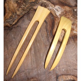 (1) Yellow Teak Wood Two Prong Curved 4.5 Inch & (1) Yellow Teak Two Prong Straight 6 Inch Hair Stick Pick Pic Pin Fork