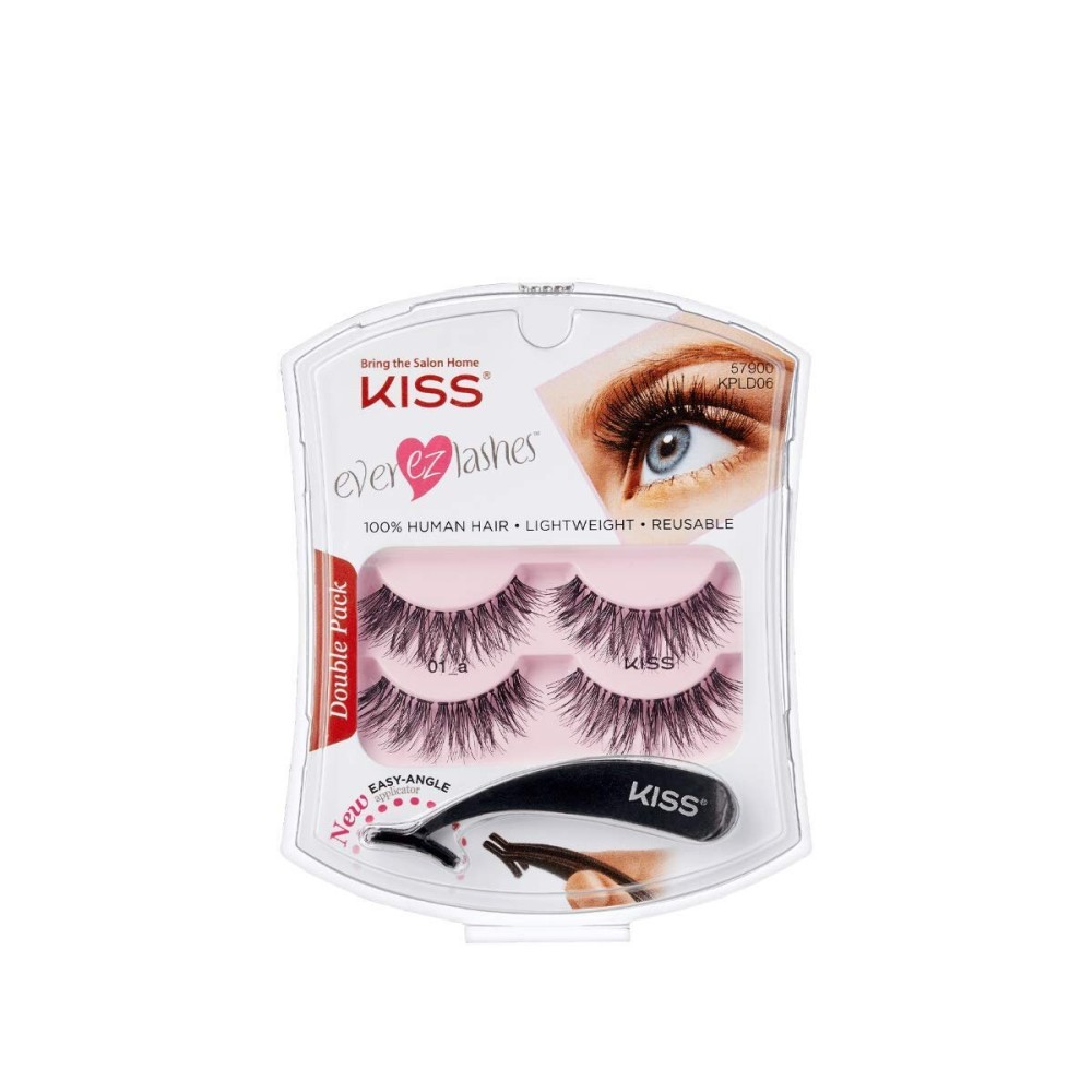KISS Ever EZ Lashes Double Pack No. 01, Reusable Natural Eyelash Starter Kit, Includes Easy-Angle Applicator and 2 Pairs Human Hair False Eyelashes Black