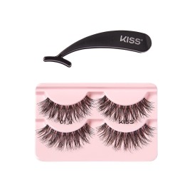 KISS Ever EZ Lashes Double Pack No. 01, Reusable Natural Eyelash Starter Kit, Includes Easy-Angle Applicator and 2 Pairs Human Hair False Eyelashes Black