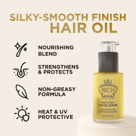 RICH Pure Luxury Silk Oil Serum with Organic Jojoba & Sweet Almond Oil for All Hair Types - Moisturizing & Smoothing - Protects Hair from Styling & Coloring Damages, Prevents Frizz & Breakage - 2 Oz