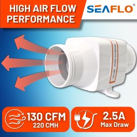 SEAFLO 3 In-Line Marine Bilge Air Blower - 12V, 130 CFM, 2.5A Max Draw, 4-Blade Fan, Ultra-Quiet Operation 3 Inch for Yacht/Sailboat/Boat- ISO 8846, CE & RoHs Certified - 4-Year Warranty